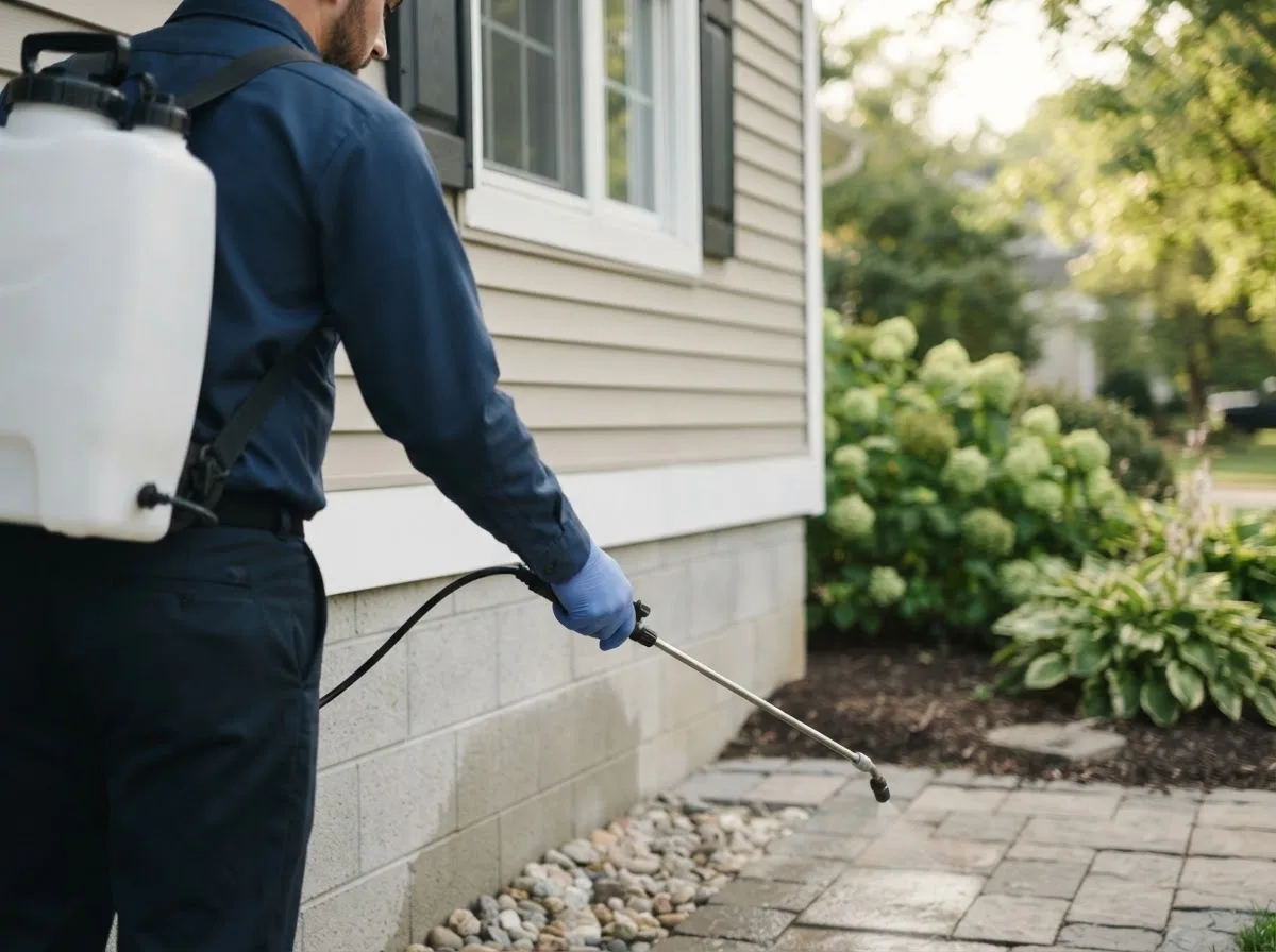 Pest control technician inspecting a home in Belleville, WV